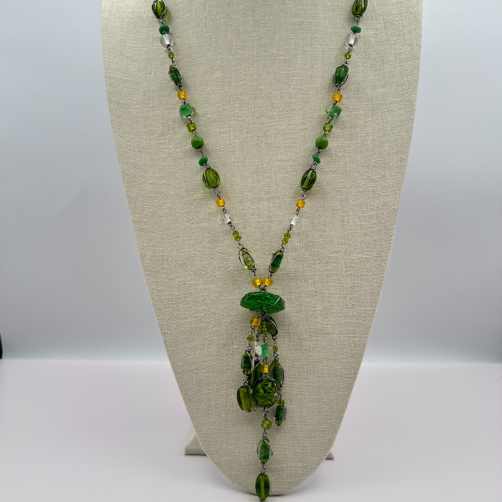 Vintage Green Glass Bead Tassel Necklace Wire Wrapped Yellow Crystal Y Drop Boho