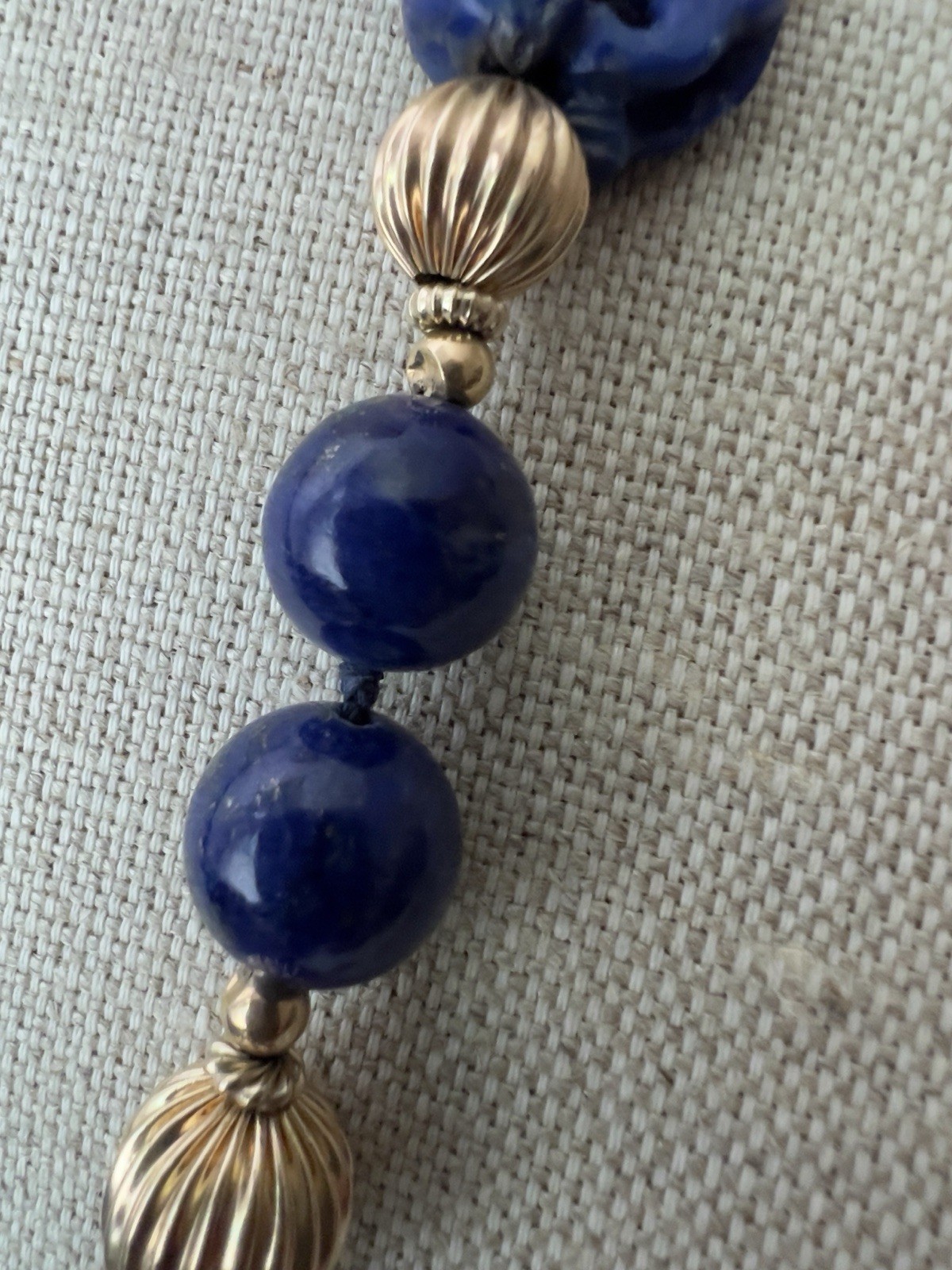Vintage Lapis Lazuli and 14K Beads Hand Knotted 30” Necklace With Figural Beads
