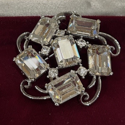 Vtg Signed Lisner 1950s Demi-Parure Emerald-Cut Rhinestone Brooch & Earrings EUC