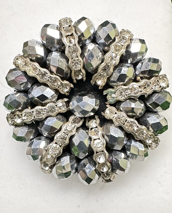 Vintage Handmade Silver & Gray Faceted Beads & Rhinestones Flower Brooch Pin