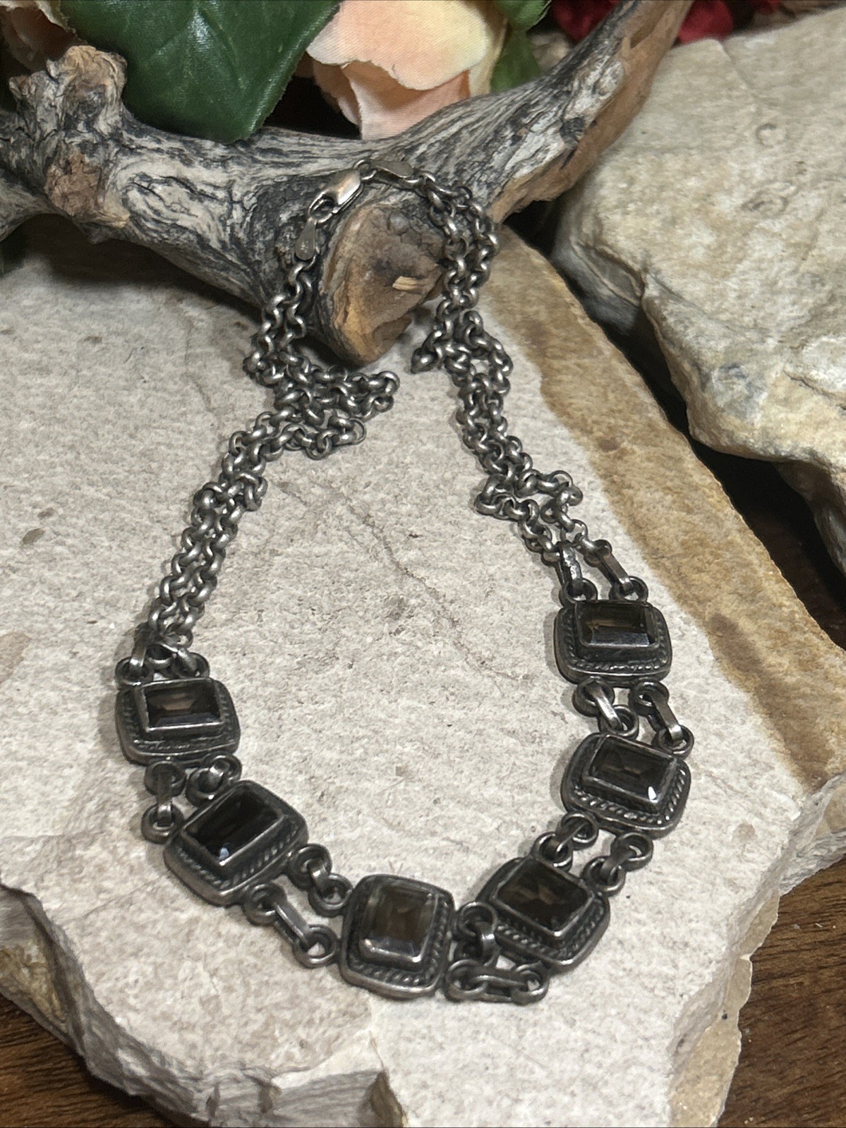 46. 925 Sterling Smoky Quartz Linked Double Strand Rolo Necklace 15 1/2″, 37.1g