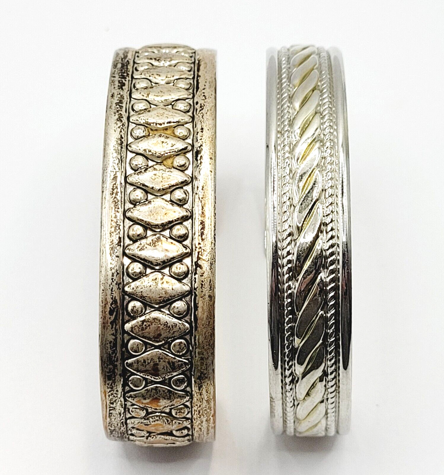 Two Vintage Metal Cuff Bracelets 1 Brass & 1 Silver Tone Patterned Tarnished