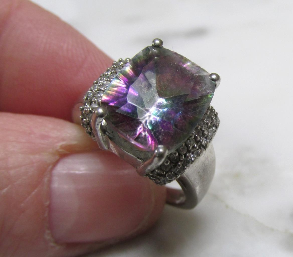 Mystic Topaz & Clear Stone Sterling Silver Cocktail Ring Sz 6.25 ~ 5.7g ~ 4-C347