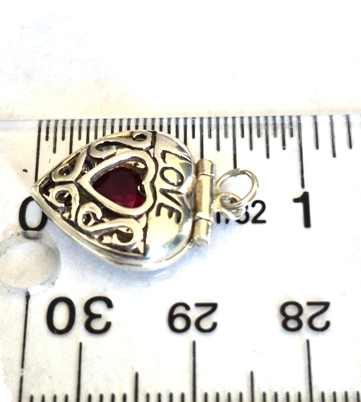 Vintage Sterling Silver Marked SU Ruby Scroll Work Double Heart Love Pendant