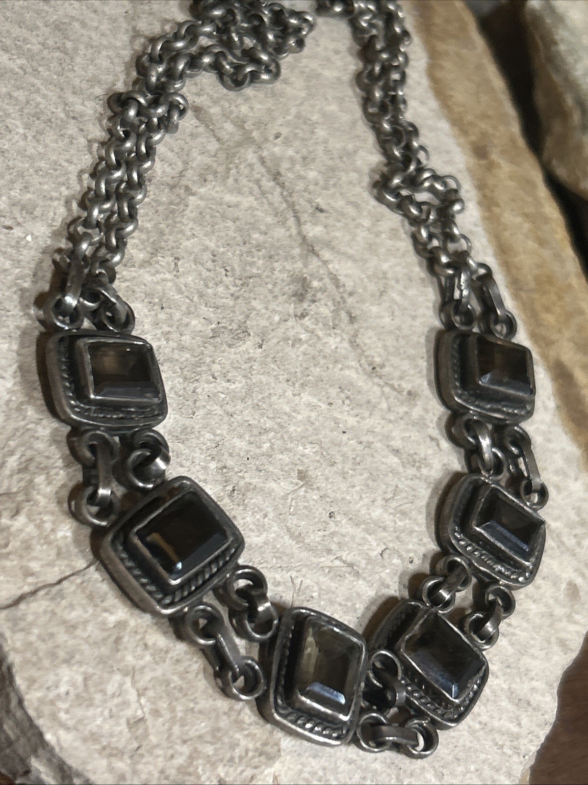 46. 925 Sterling Smoky Quartz Linked Double Strand Rolo Necklace 15 1/2″, 37.1g