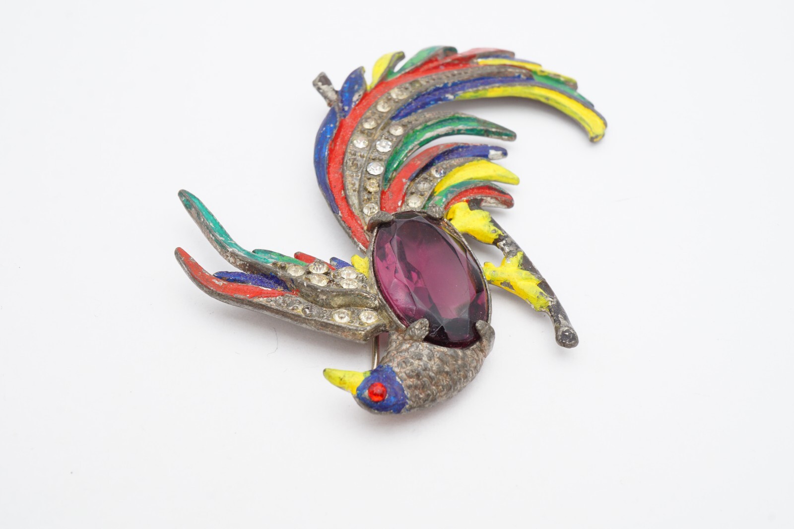 Vintage Brooch Pin Silver Tone Purple Rhinestone Enamel Peacock