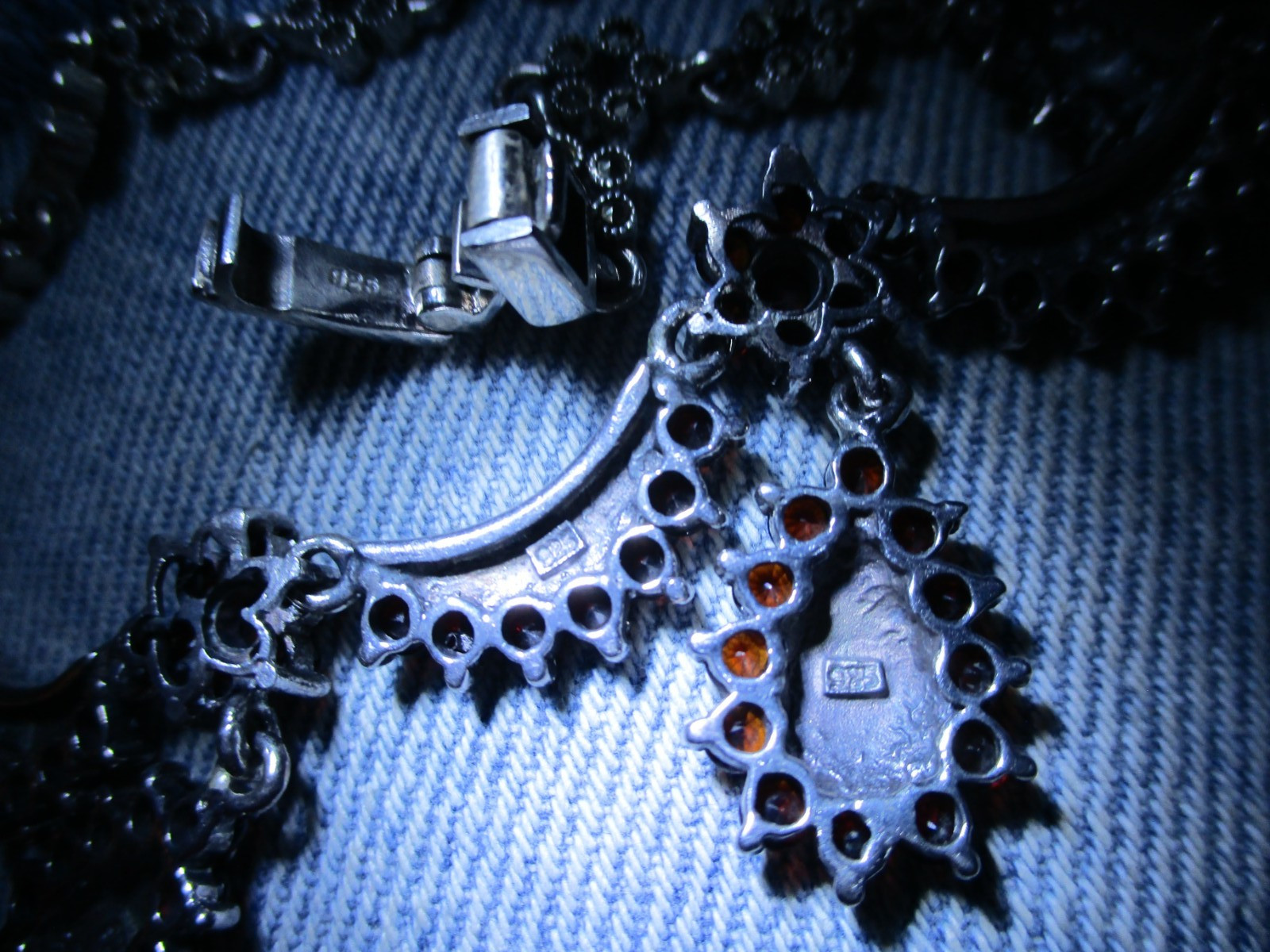 vintage GARNET necklace Sterling Silver 925 Czech 2 oz. sparkly Marcasites 17.5″