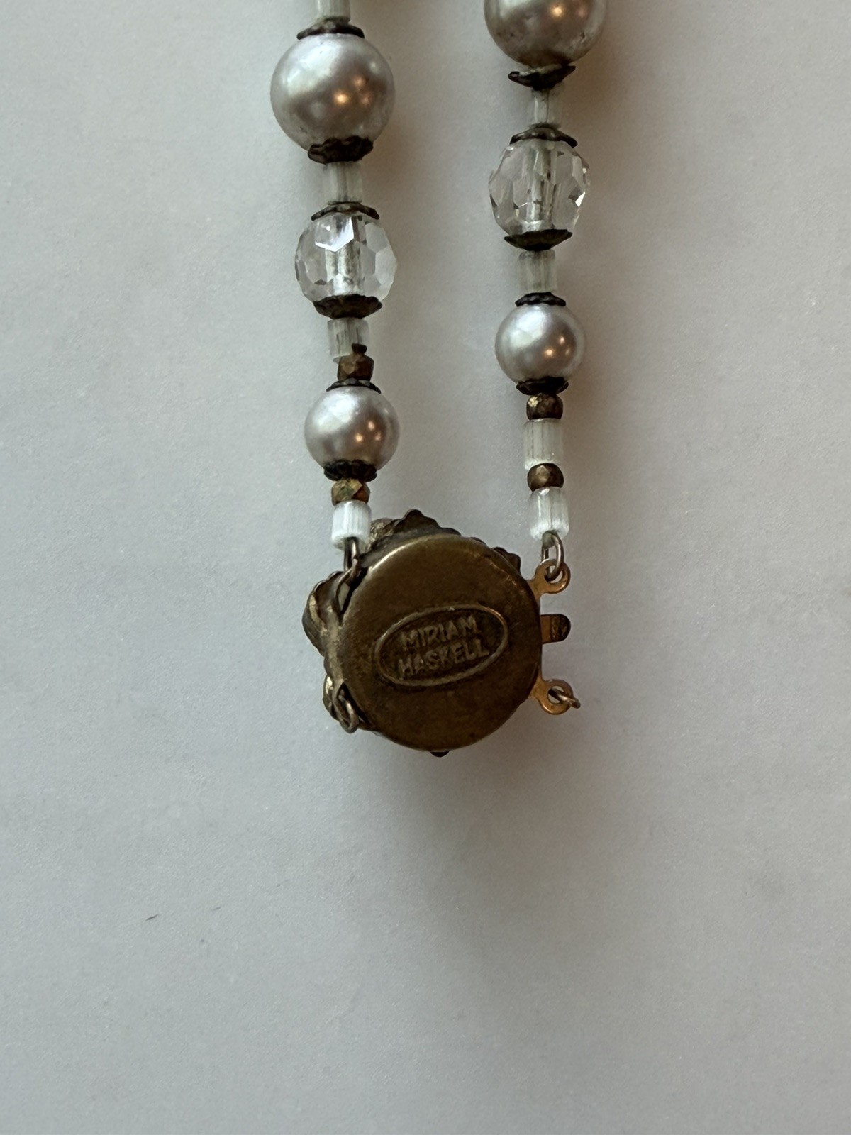 Vintage Miriam Haskell 22″ Grey Pearl & Faceted Crystal Necklace Flower Clasp