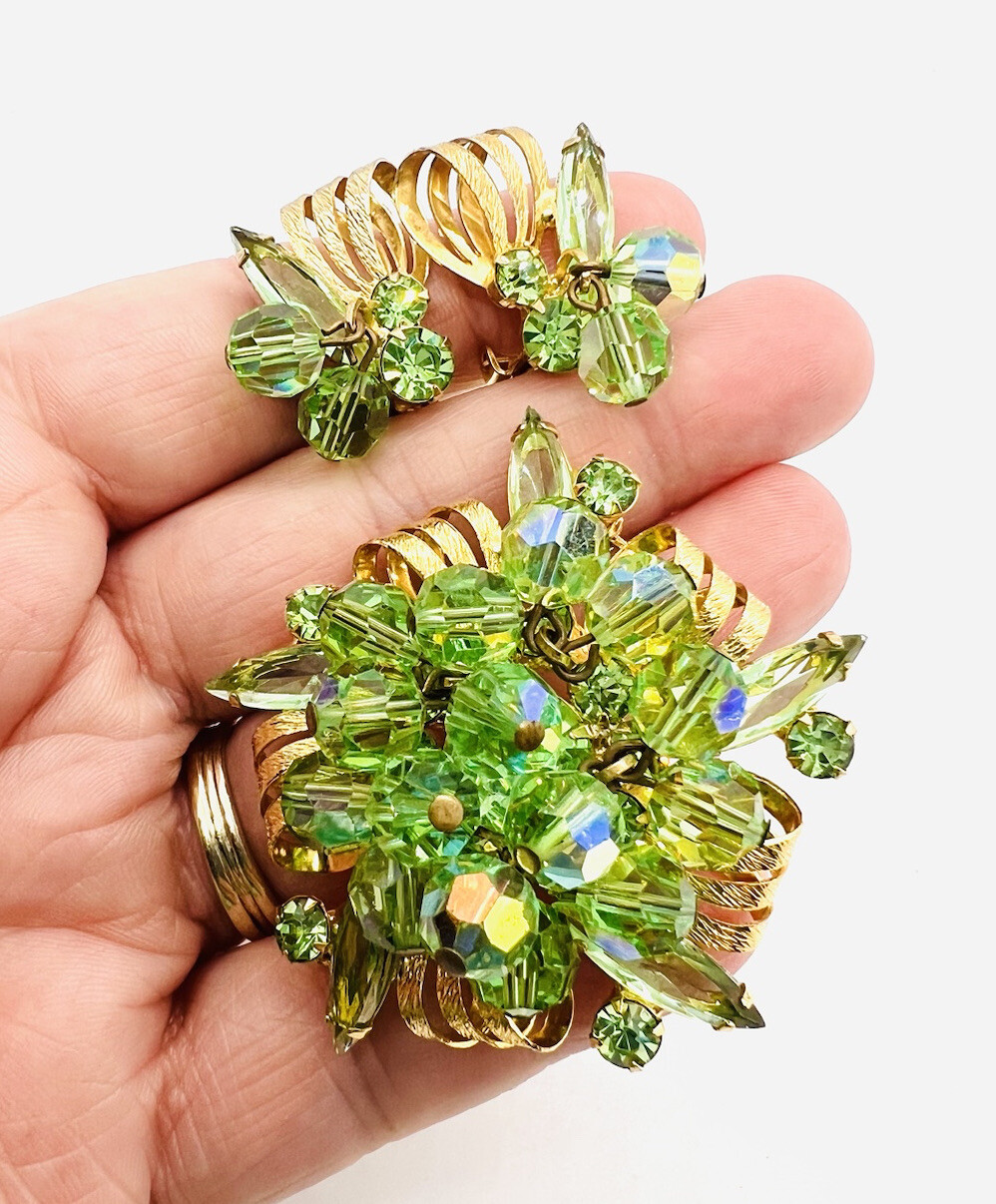 JULIANA Delizza Elster URANIUM GLASS Rhinestone Brooch Earrings Vintage Jewelry