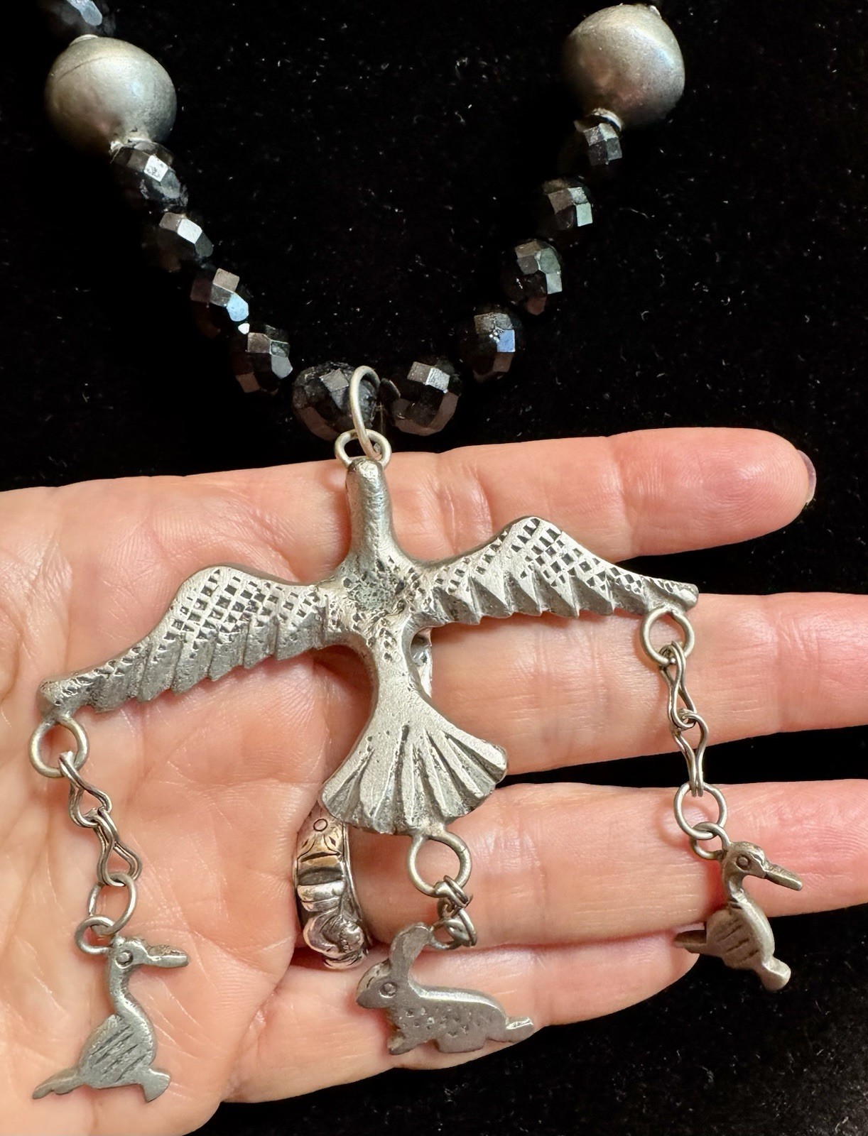 Antique Silver Cross Milagro Charm Necklace, Guatemalan Coins, Black Jet Beads