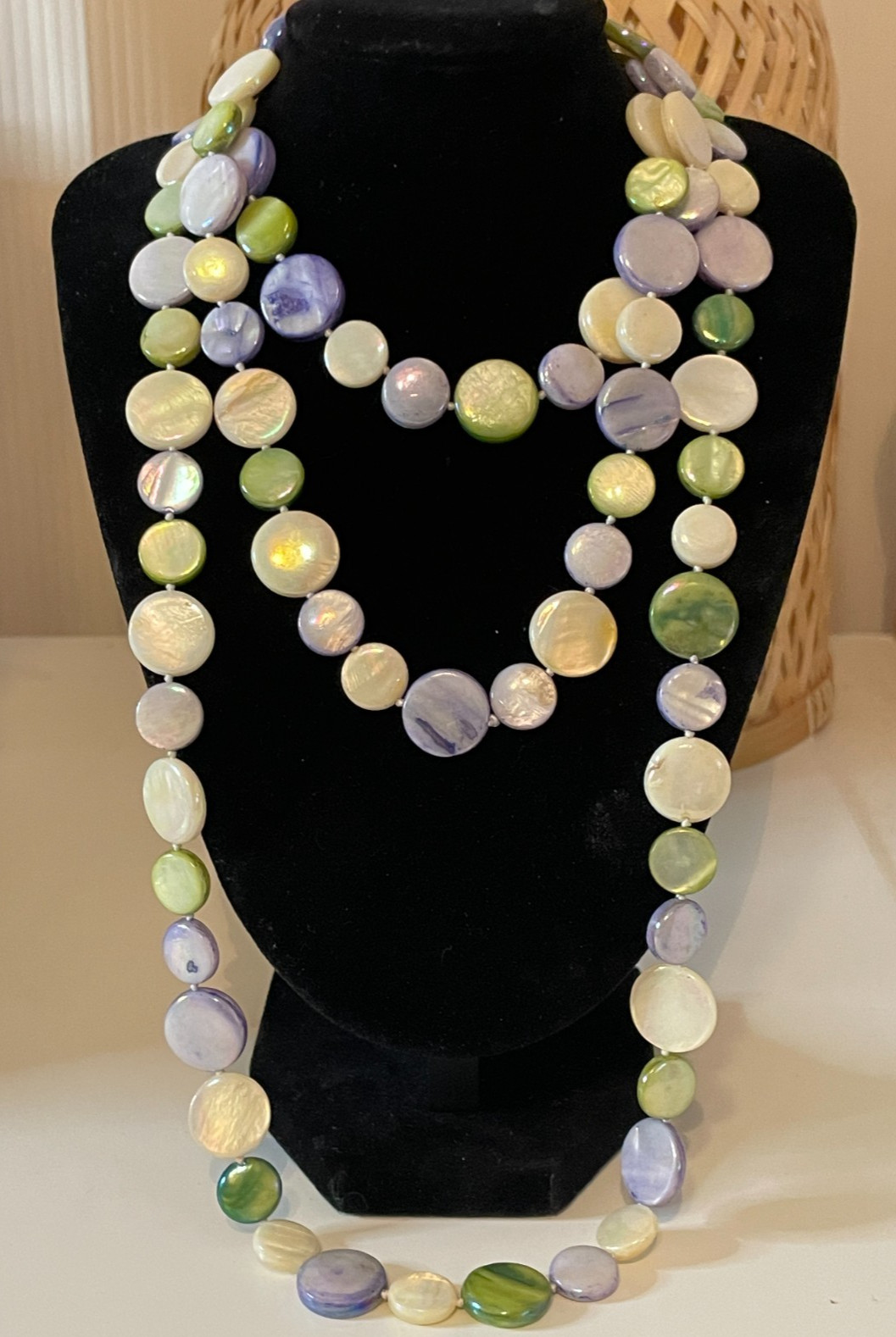 Mother of Pearl Long Necklace Round Disc Ivory Green Purple Knotted Spring 52″