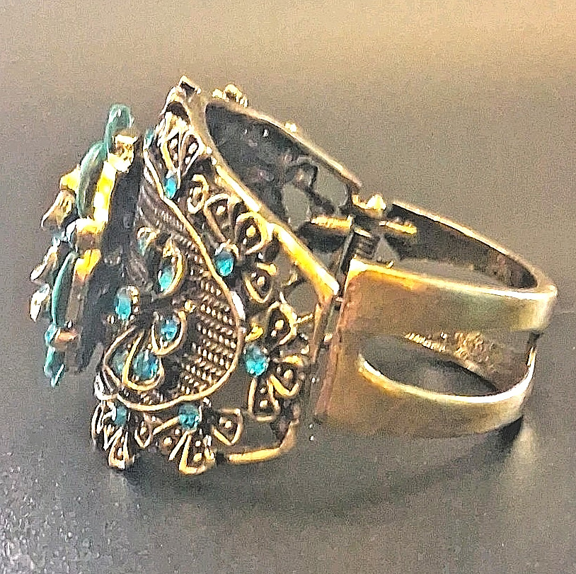 Victorian Style Filigree Cuff Bracelet Wide Blue Rhinestone Faux Turquoise