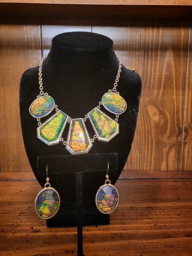 Green Tone Iridescent Enamel Necklace & Earrings Set-Preowned