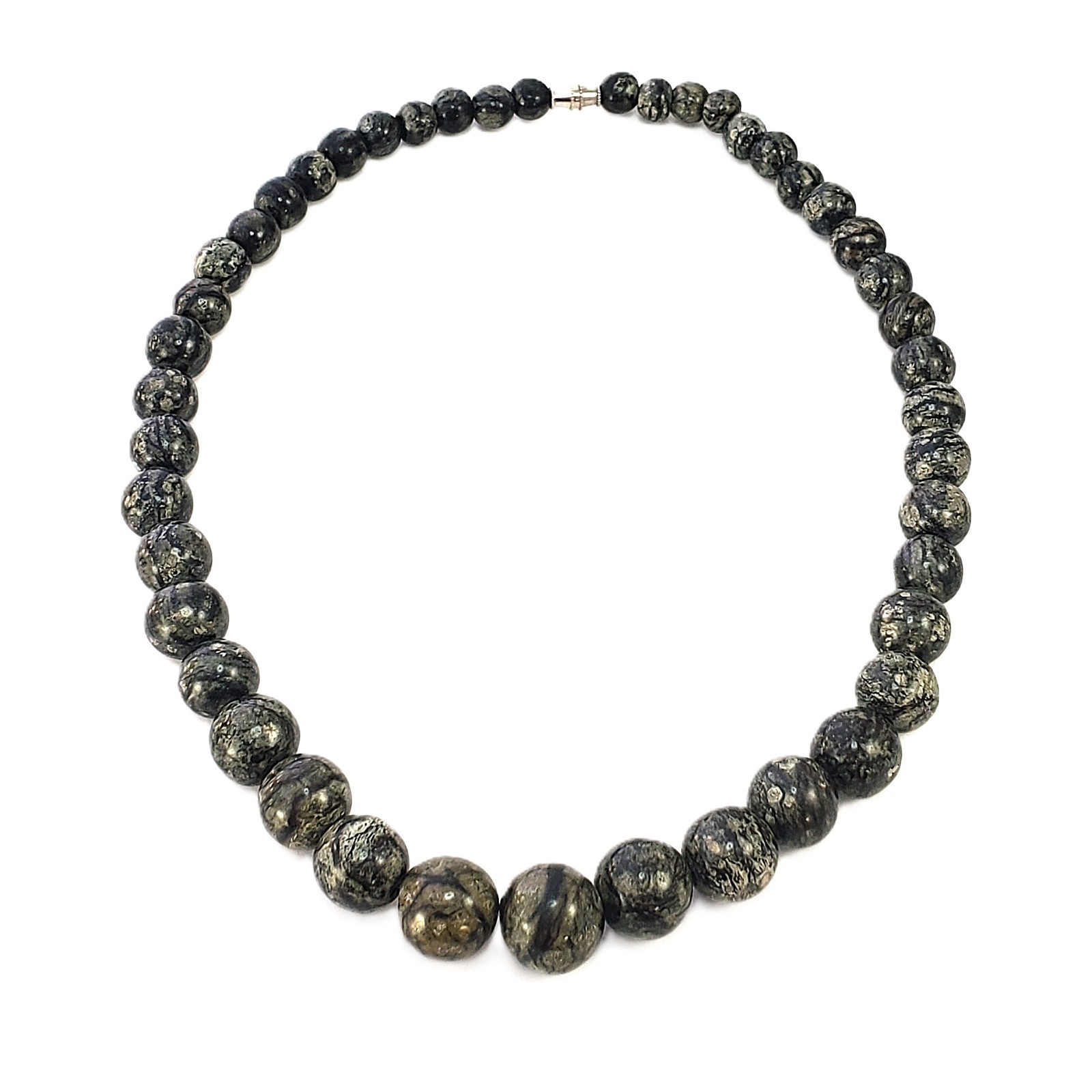 Graduated STONE Bead Necklace Barrel Clasp Vintage Marbled Black and Gray 19″
