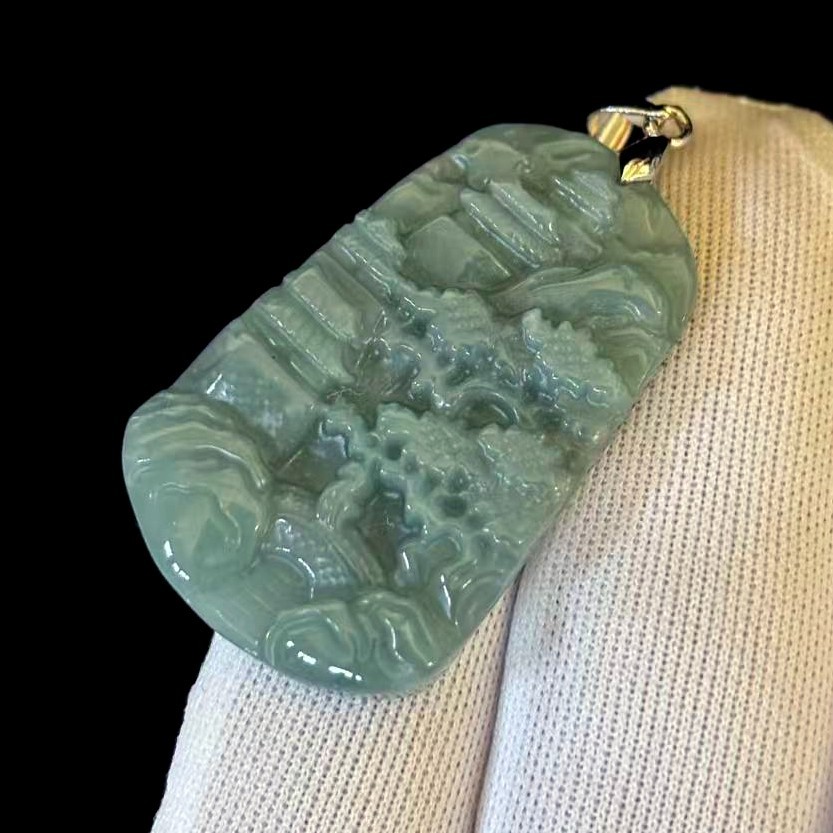 High-grade Natural Green Jade Jadeite Pendant Embossed Landscape, Free Necklace