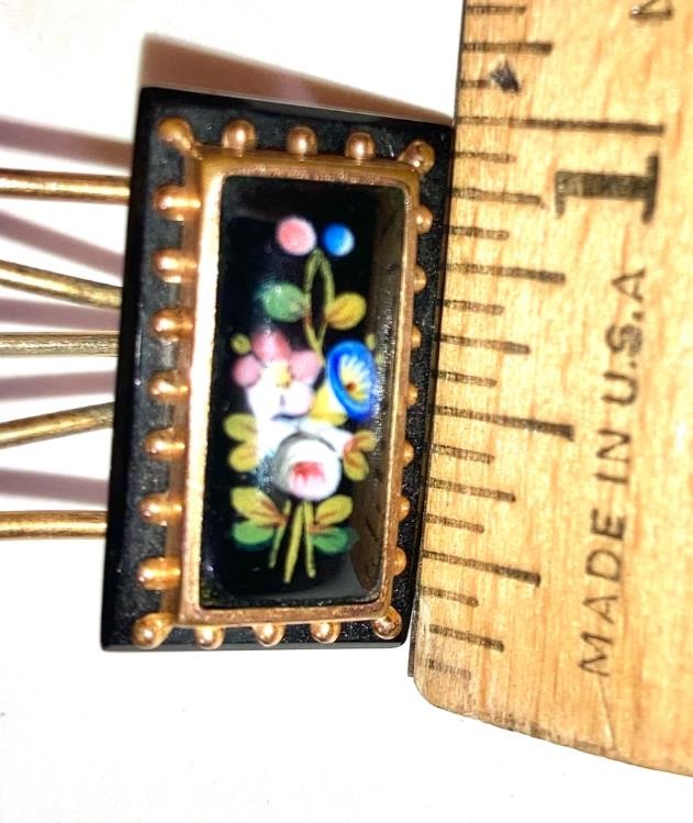 Victorian Hand Painted Onyx Rose Lily Gold Floral Large Brooch Pin