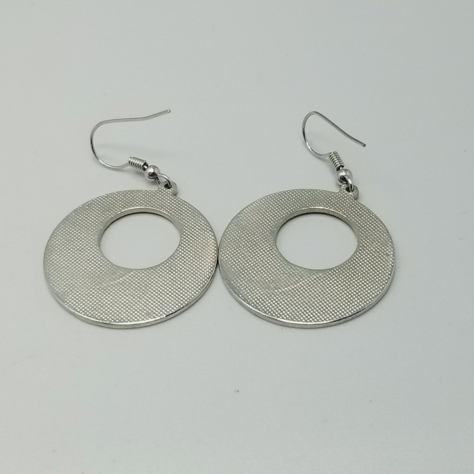 Vintage Aztec Greek Key Hoop Dangle Earrings Blue Chip Inlay Silver Tone