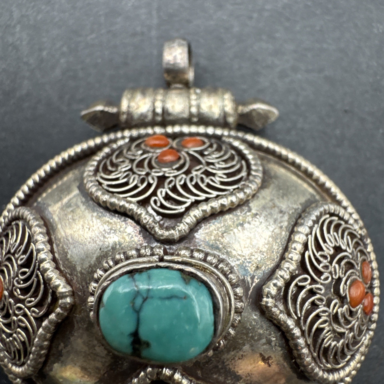 Vintage 925 Silver Coral And Turquoise Figural Pendant 1.5” x 2” 23g