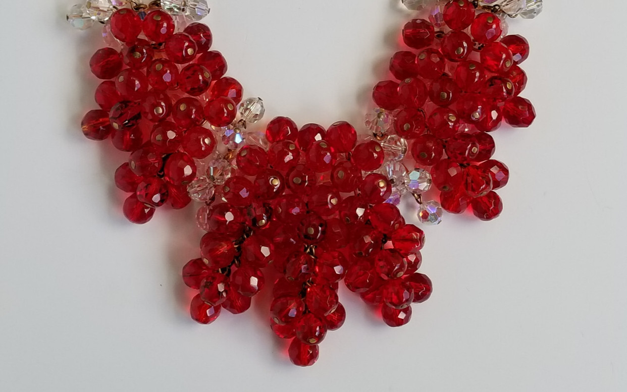 Vintage Signed France AB Bead & Red Glass Cluster Bead Necklace
