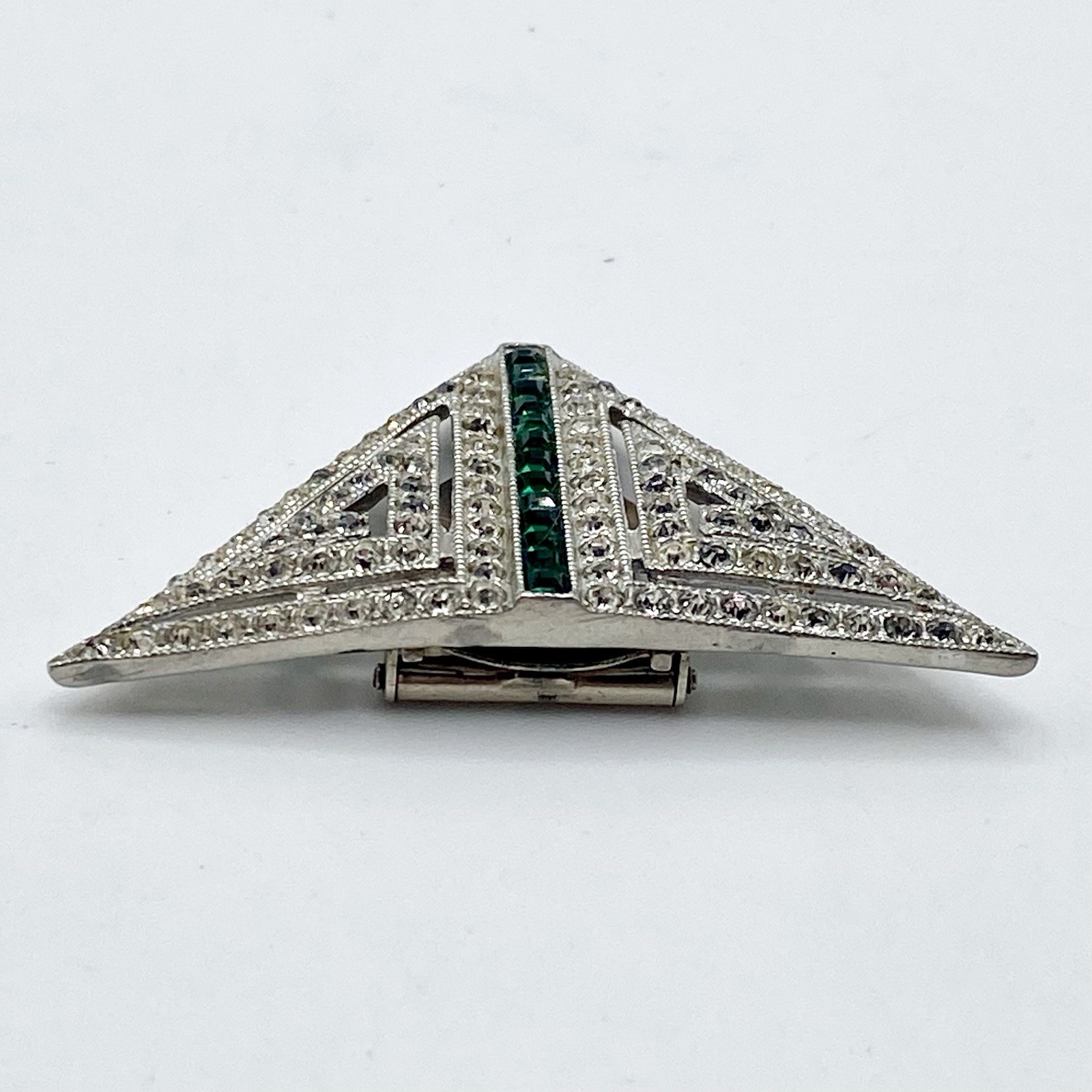 Art Deco Emerald Green Rhinestone Triangle Fur Clip / Dress Clip Brooch 1930s