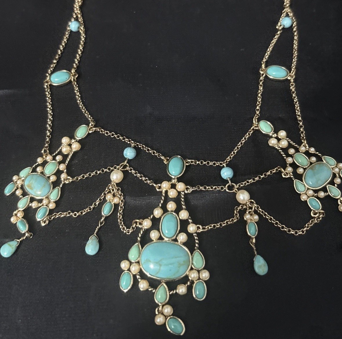 Monet Festoon Necklace Gold Tone, Faux Pearl Victorian Revival Design 15”