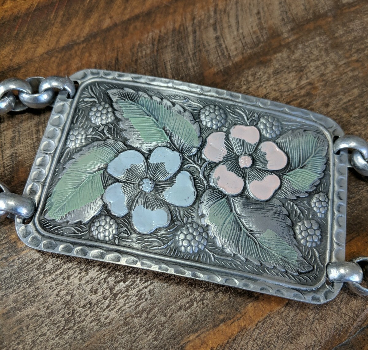 1940s Hammered Aluminum Arts&Crafts Belt Extension? Dogwood Raspberries Enamaled