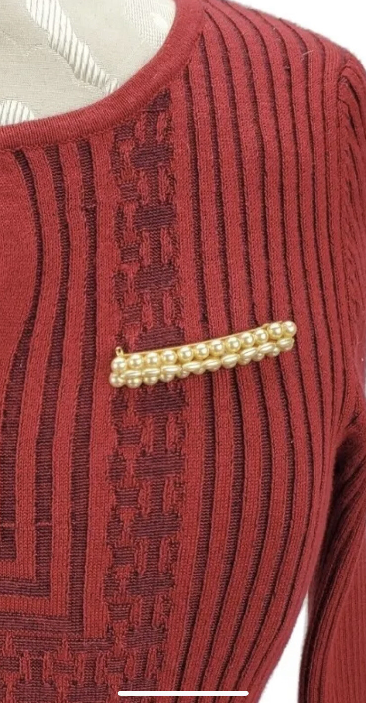 Vtg Brooch Bar Pin Pearls Faux Gold Tone Holiday 2.5”x.0.5” Unsigned 40s 50s 60s