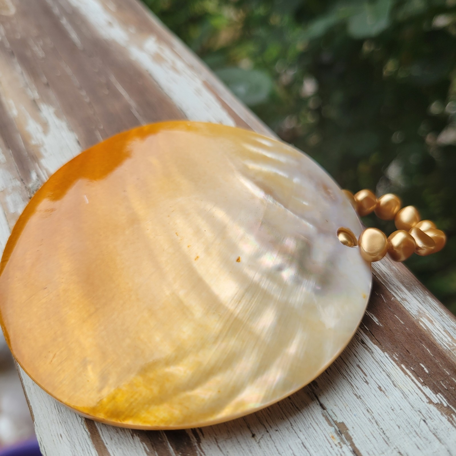 Vtg “Sunrise” Orange Mother Of Pearl w/ Faux Baroque Pearls Statement Pendant