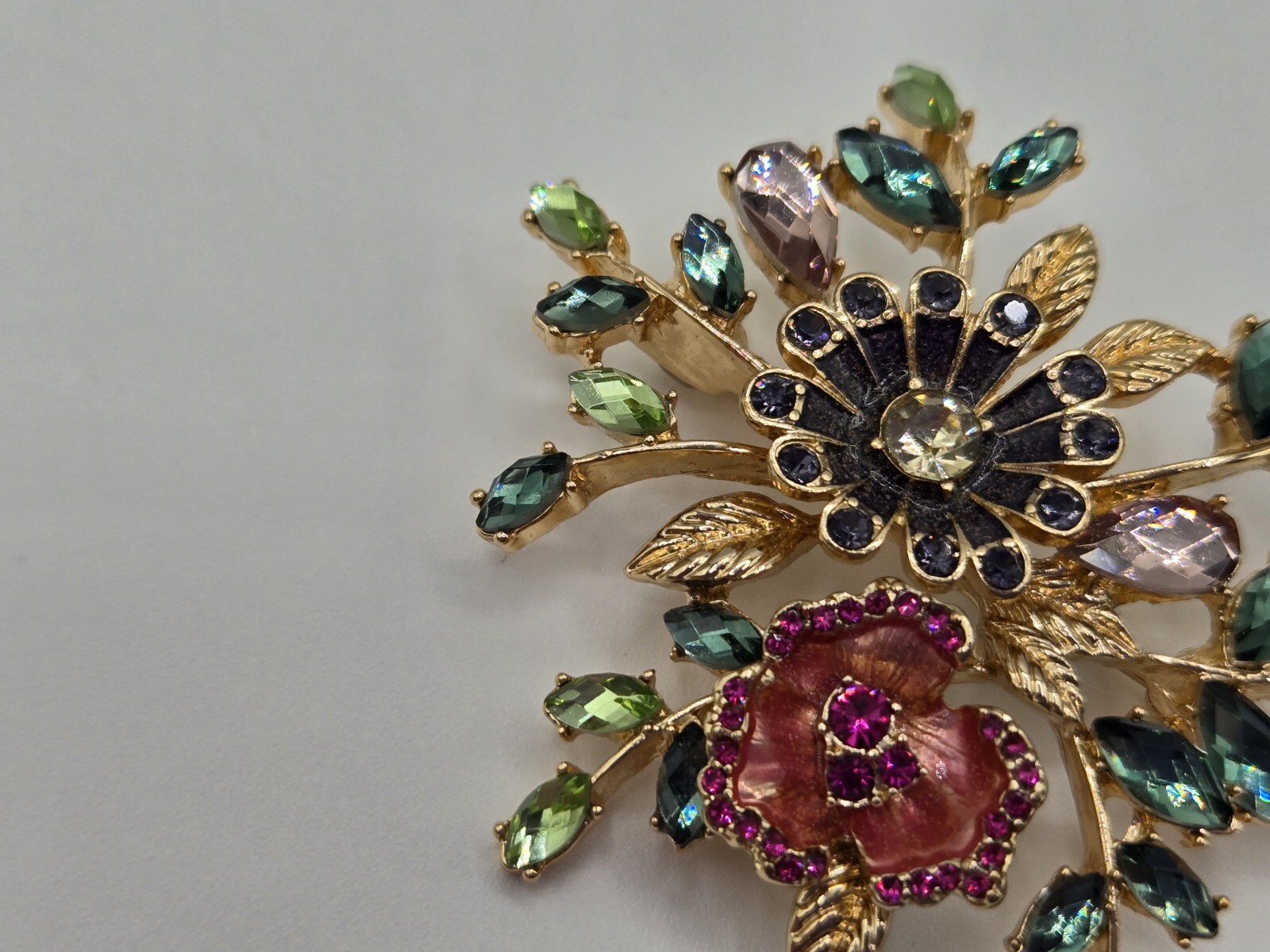 Napier Flower Brooch Gold Tone Enamel Green White Pink Purple Stones