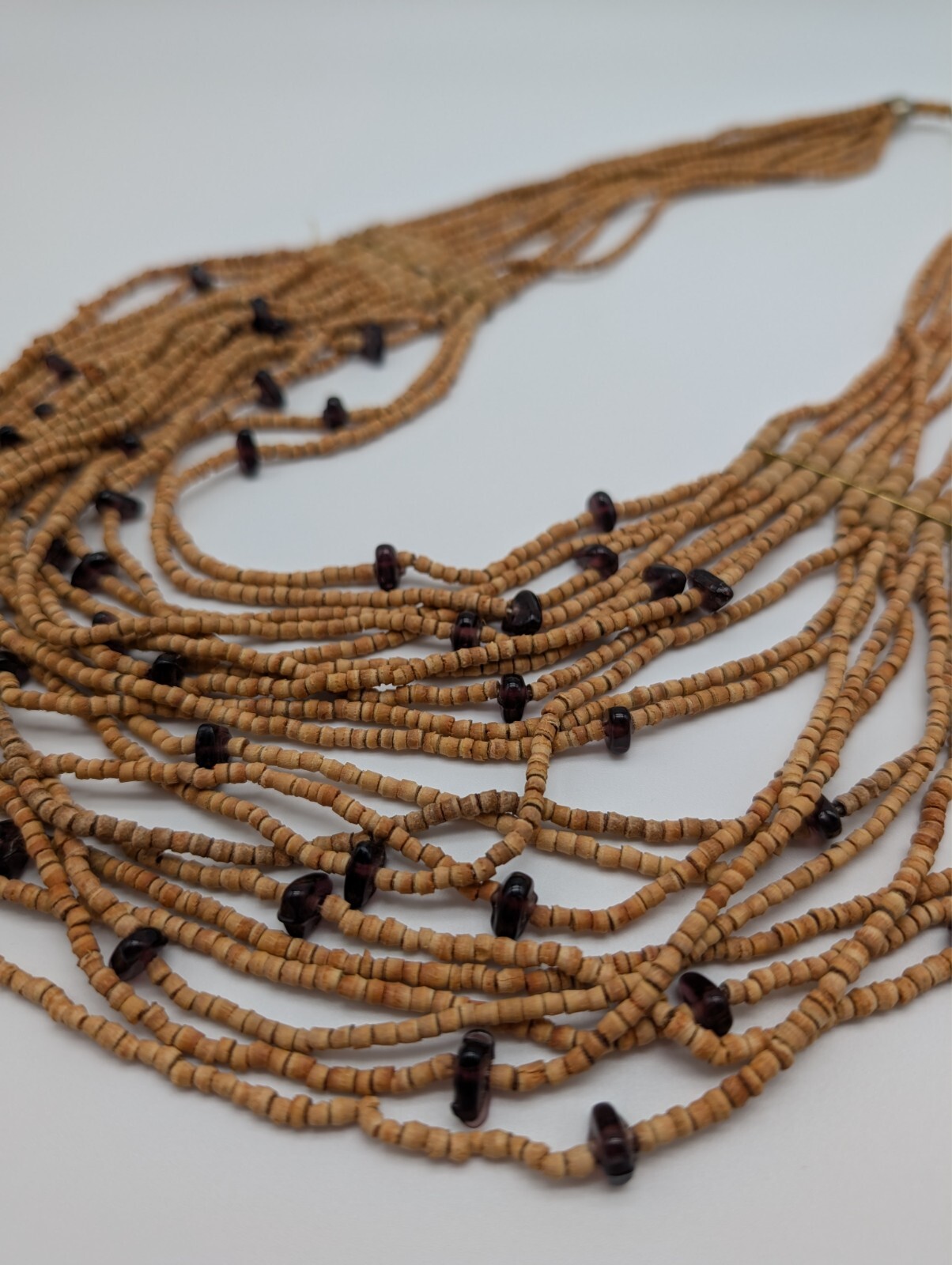 Vintage Boho Multi Strand Wooden Cork Purple Glass Beaded Statement Necklace