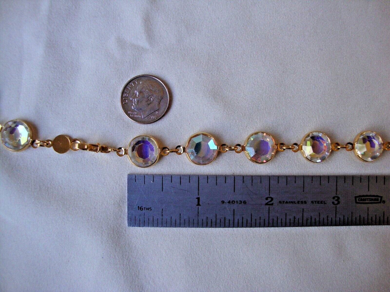 VINTAGE AUSTRIAN CRYSTAL BEZEL SET LARGE AURORA CRYSTALS GOLD TONE 34″ NECKLACE
