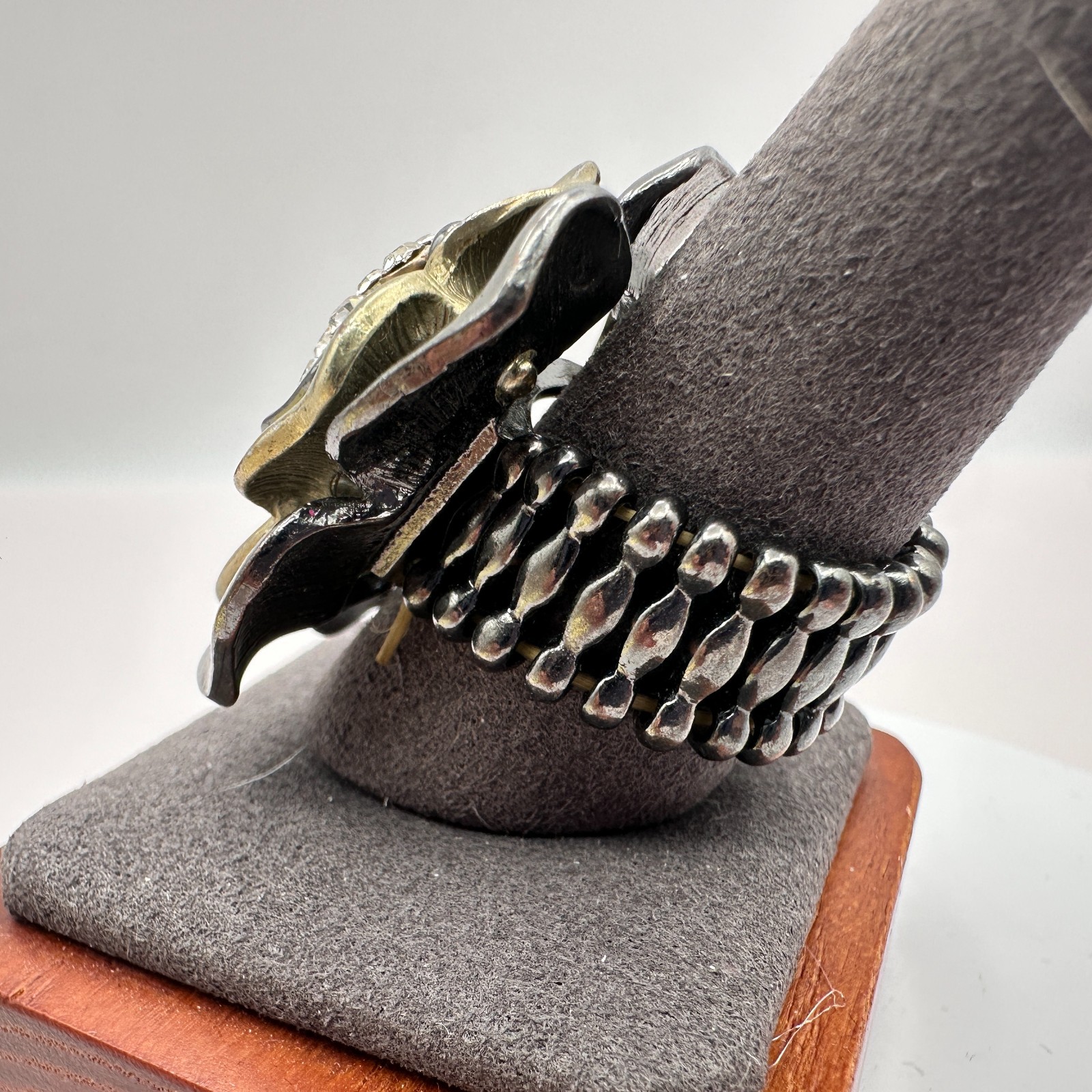 Vintage 90s Rose Statement Ring Clear Glass Accents Stretch Band Fashion Jewelry
