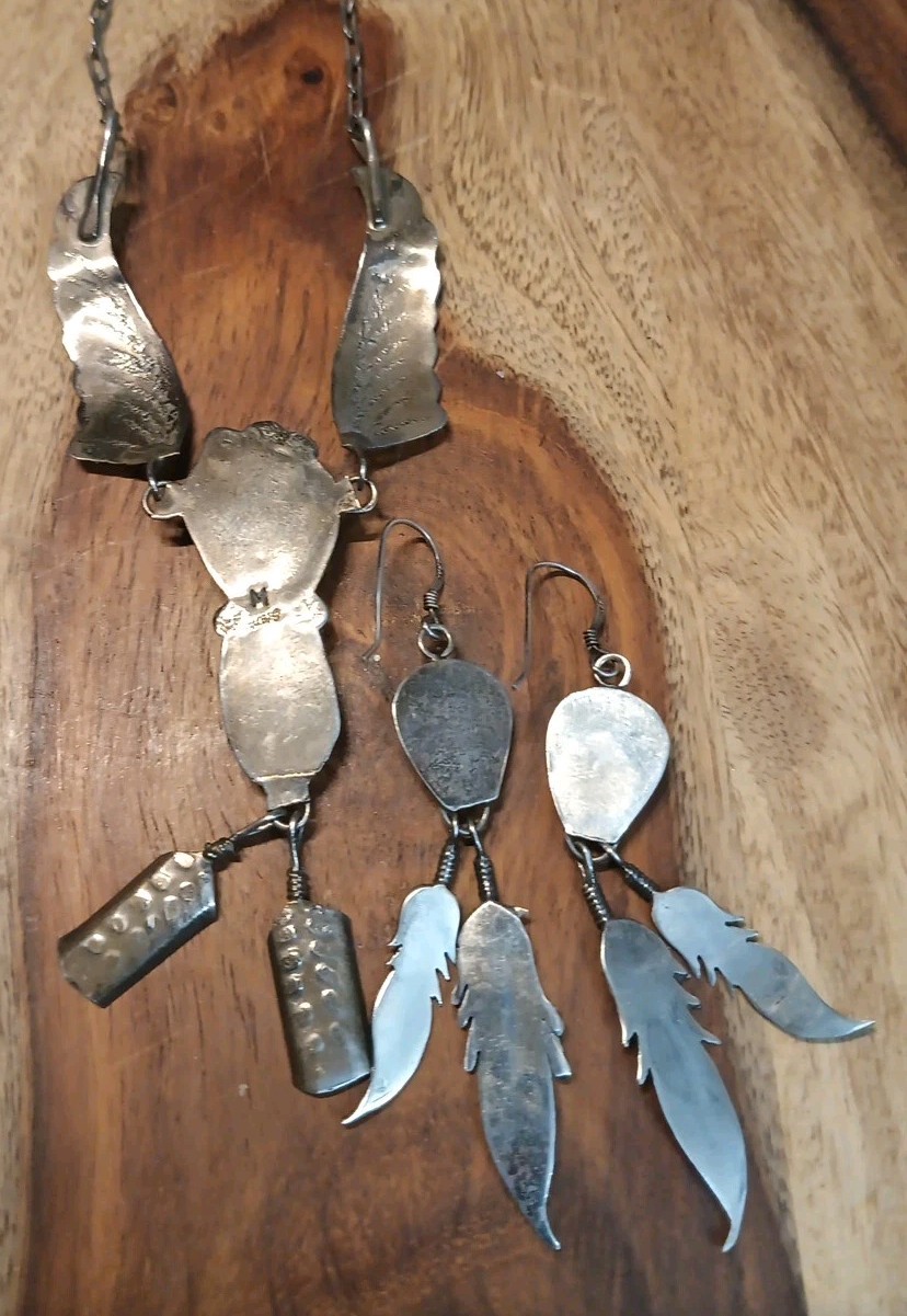 VINTAGE NAVAJO TURQUOISE STERLING SILVER FEATHER NECKLACE & EARRINGS 25.7 Gram