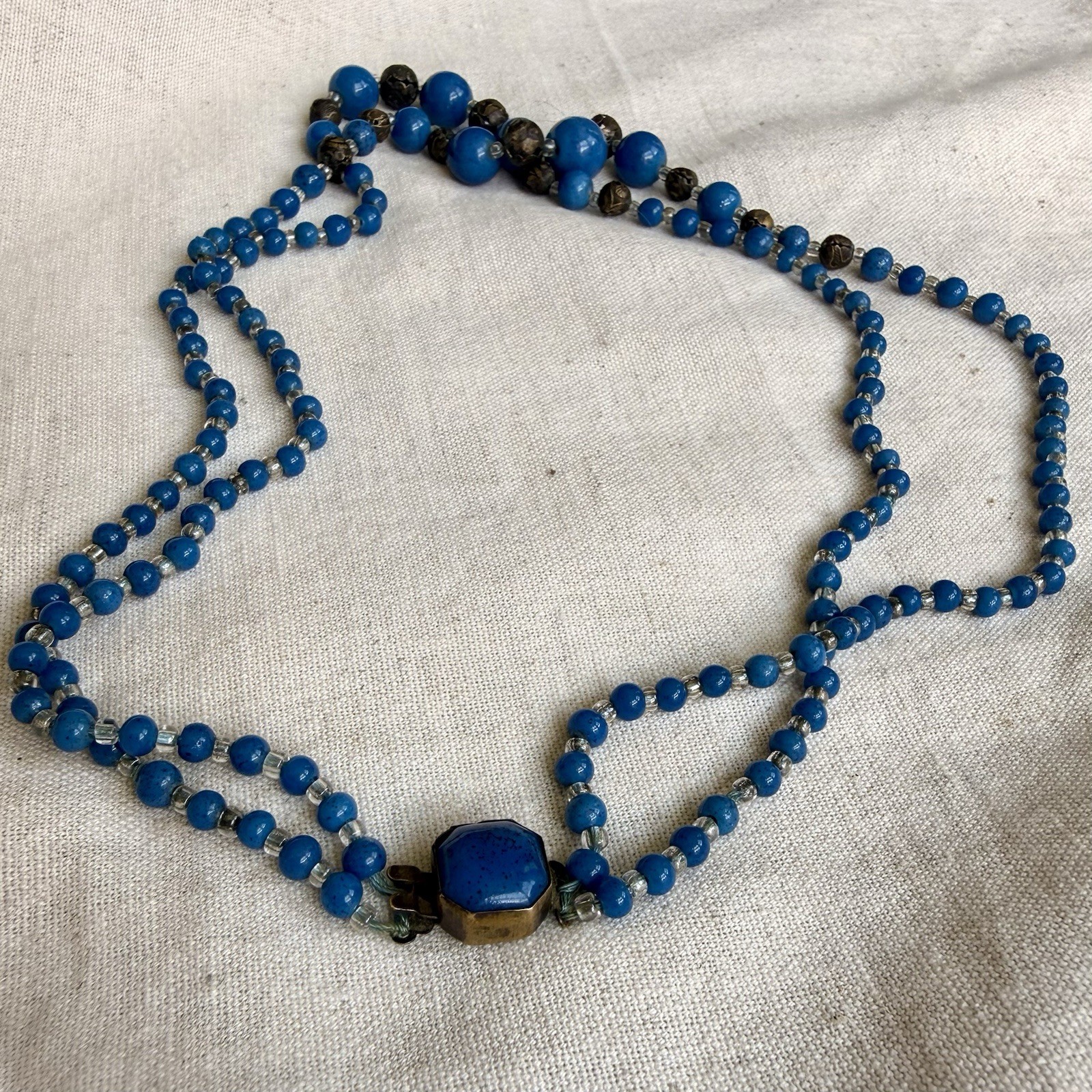 Art Deco Czech Blue Glass Double Strand Necklace Filigree Beads 19”