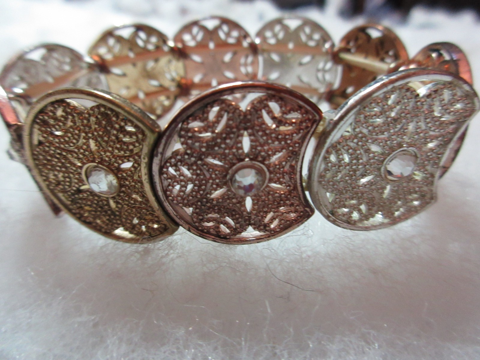 6 Older Rhinestone Bracelets Stretch Mostl Gold Tone 7.5″ Pink Green Gray Pearl