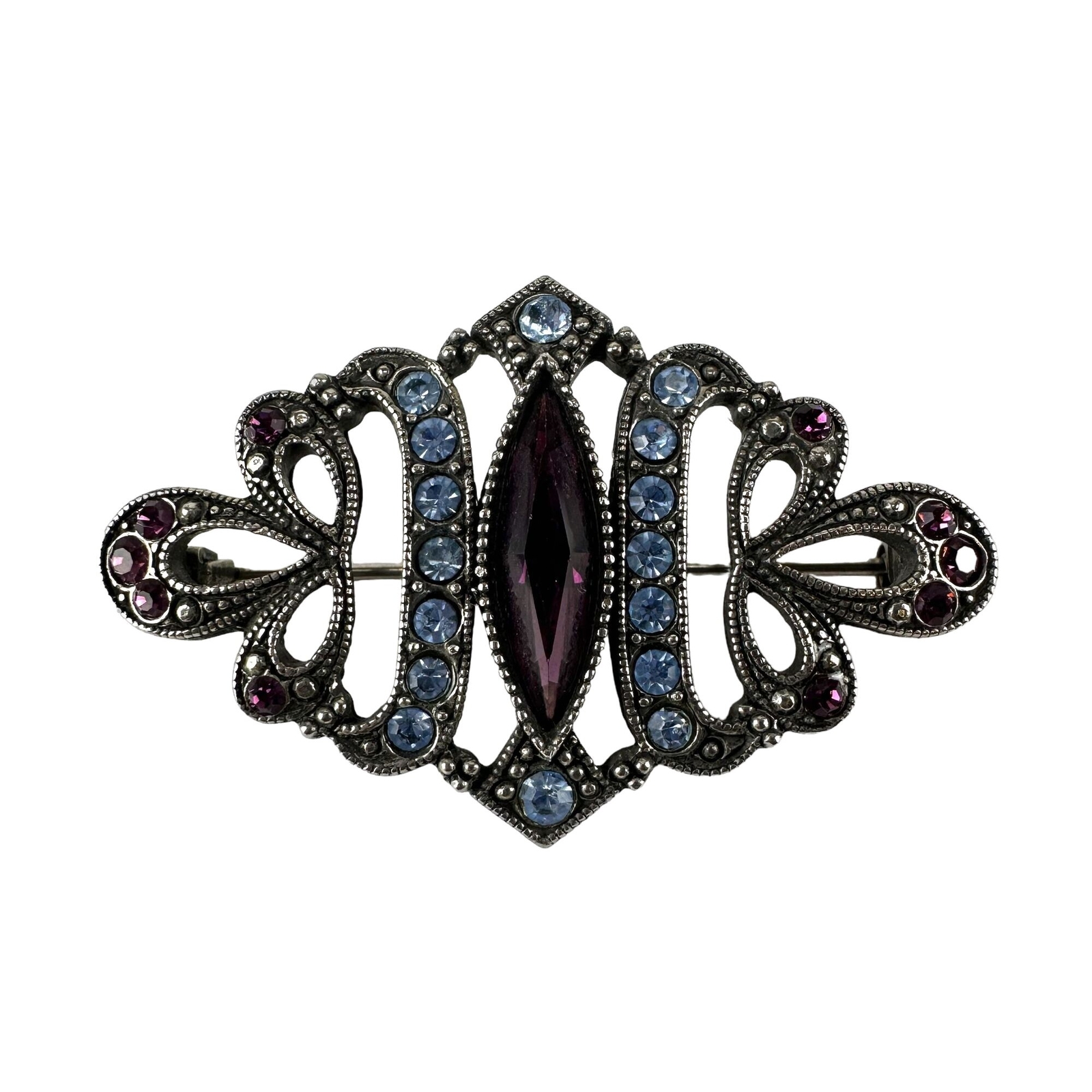 Art Nouveau Style Brooch with Violet and Blue Crystals Silver Tone
