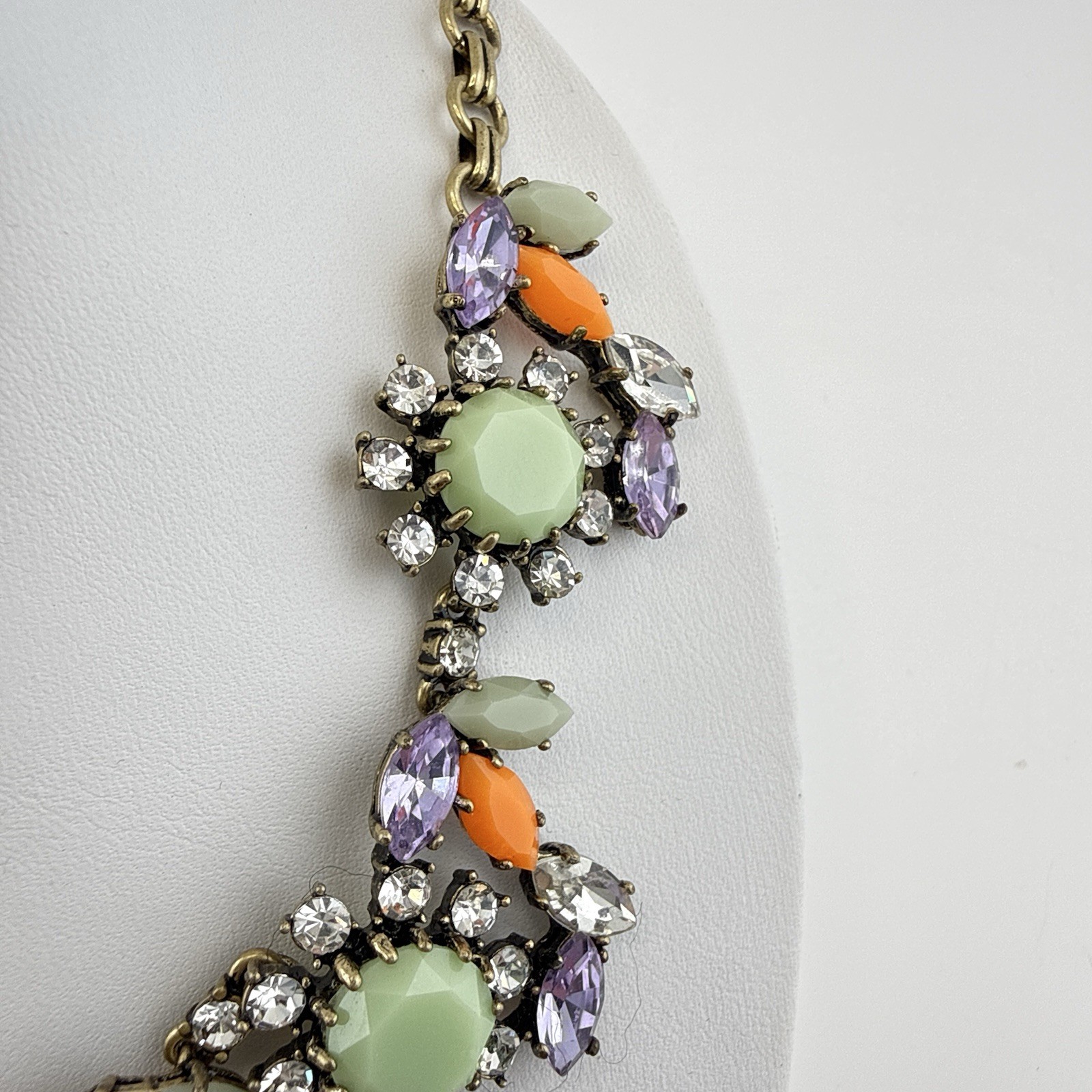 J Crew Necklace Bib Chunky Green Orange Bold Festoon Floral Rhinestone Statement