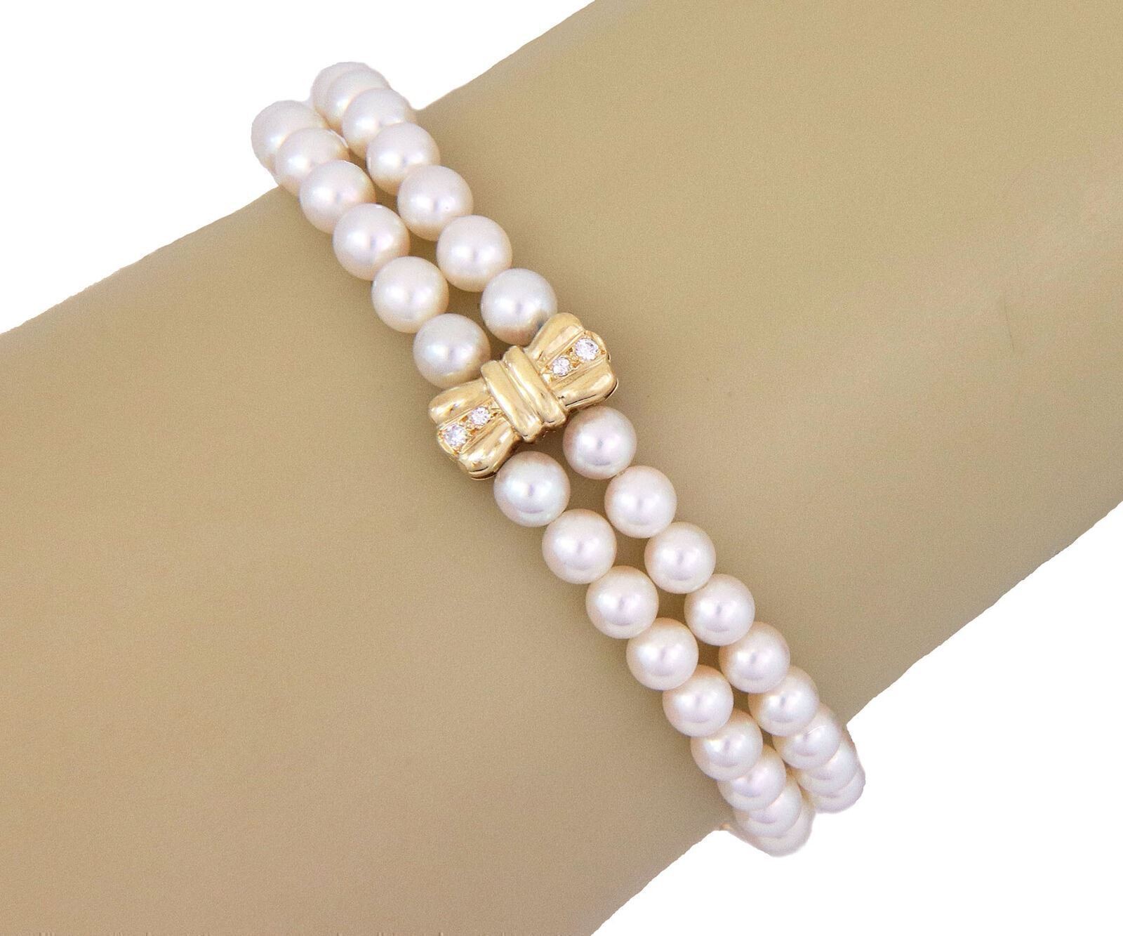 Mikimoto Pearl & Diamond 18k Yellow Gold Bow Motif Two Strand Bracelet