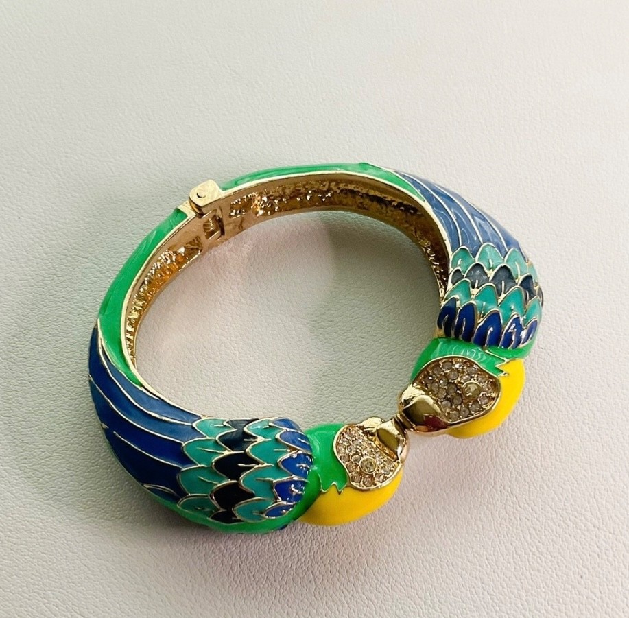 Gold Tone Kissing Parrot Birds Enamel Bracelet Cuff Blue Green Yellow