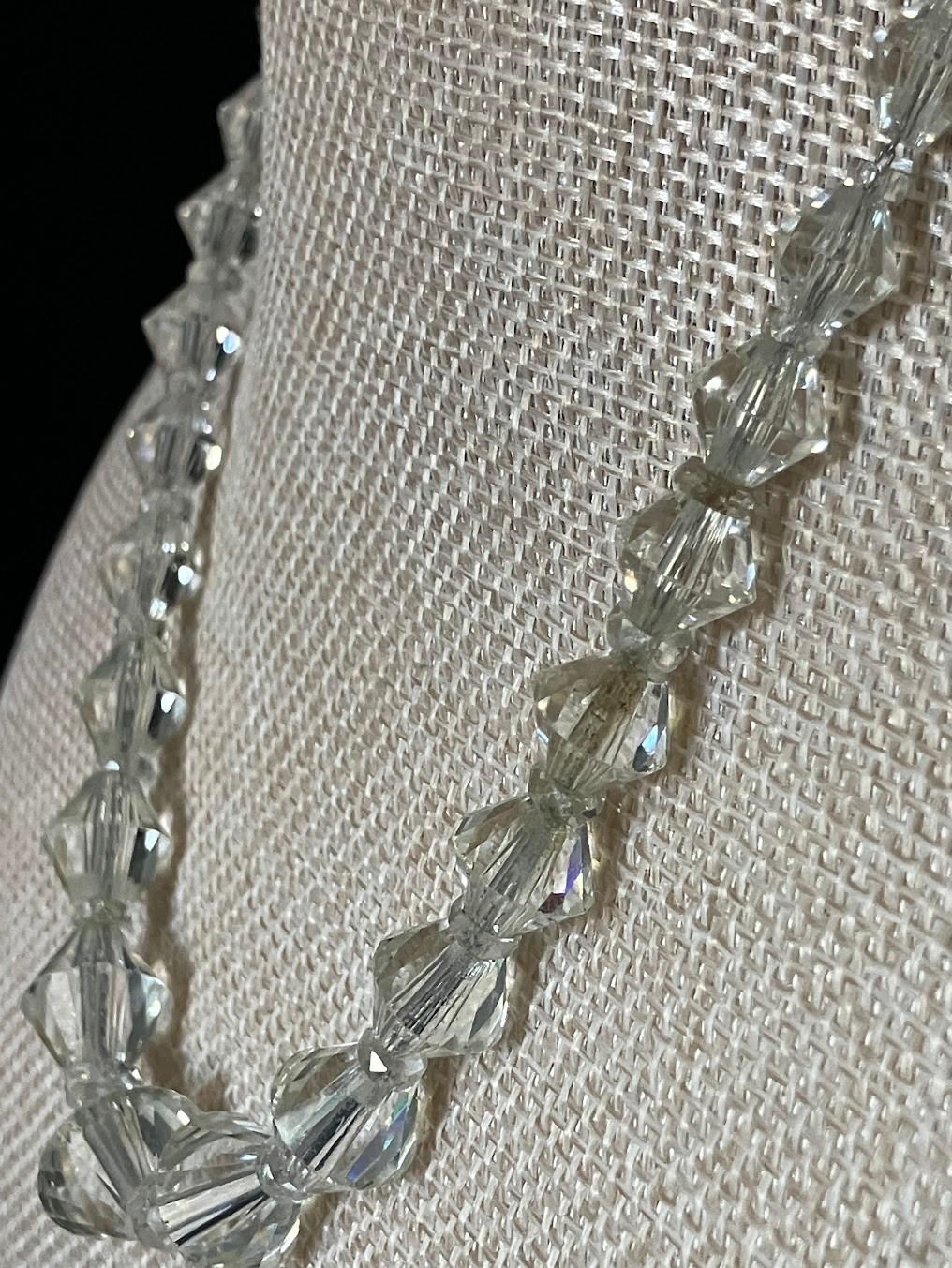 Vintage Art Deco Faceted Crystal Necklace Silver Chain Faceted Bi-cone Beads 16″