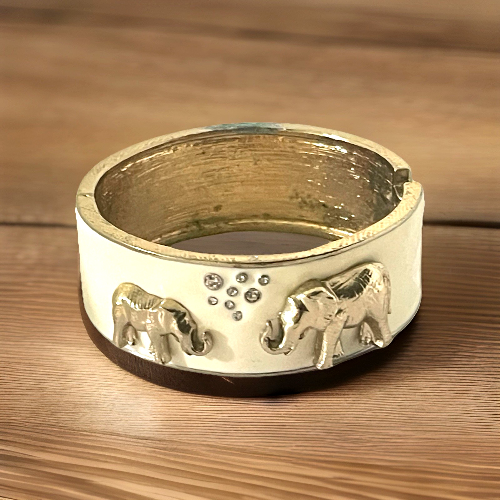 Vintage Enamel Cuff Bracelet Elephants Ivory Goldtone Crystals Hinge Opening