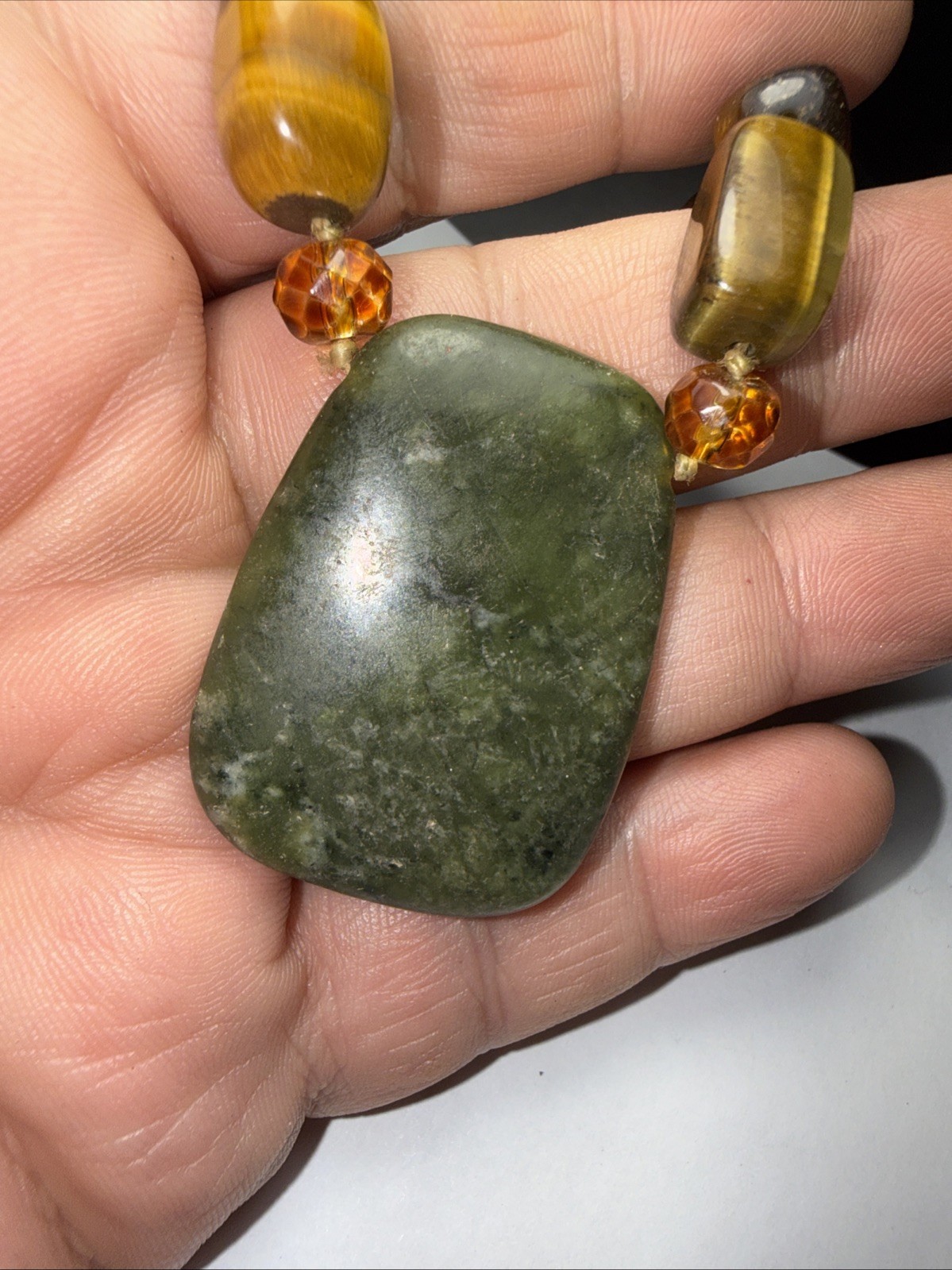 Necklace Big Jade Pendant Big Tigers Eye Beads Faceted Citrine Crystal 17” Old
