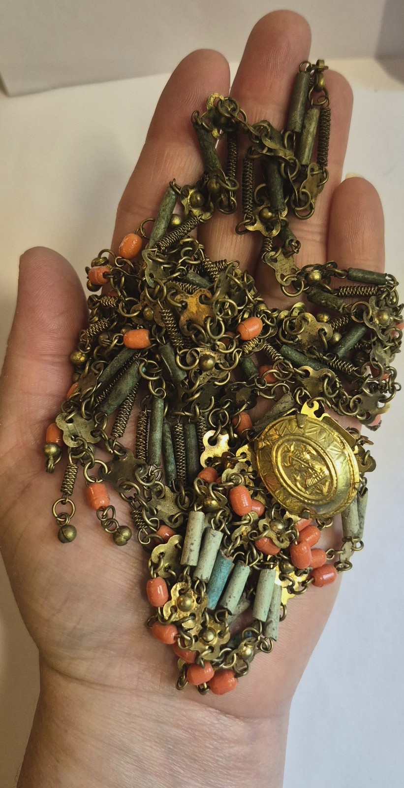 Vintage Egyptian Revival Faience Style Bib Necklace & Bracelet Brass Tone READ