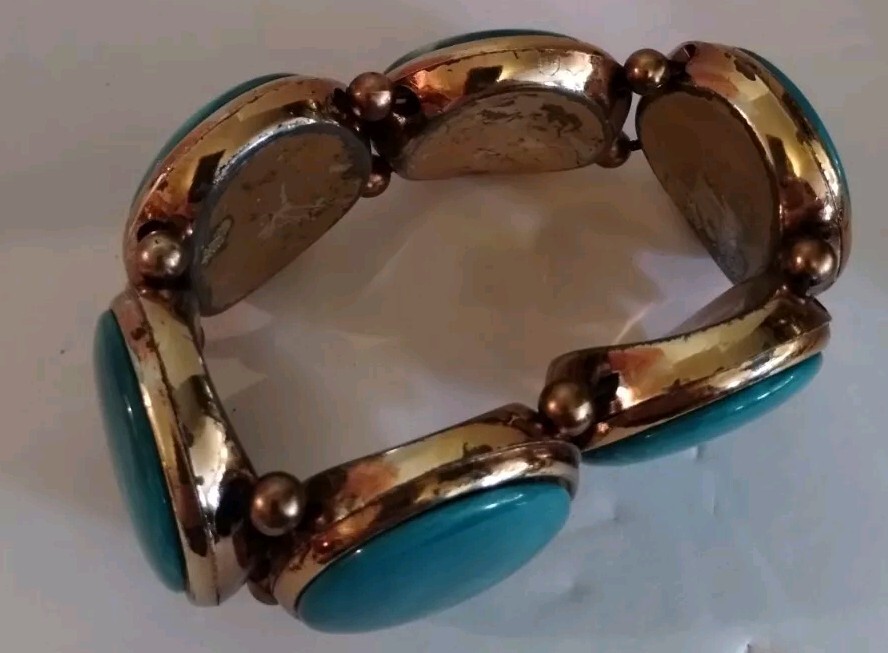 Vintage Intake 7.5 In. Mint Costume Jewelry Gold& FauxTurquoisBracelet