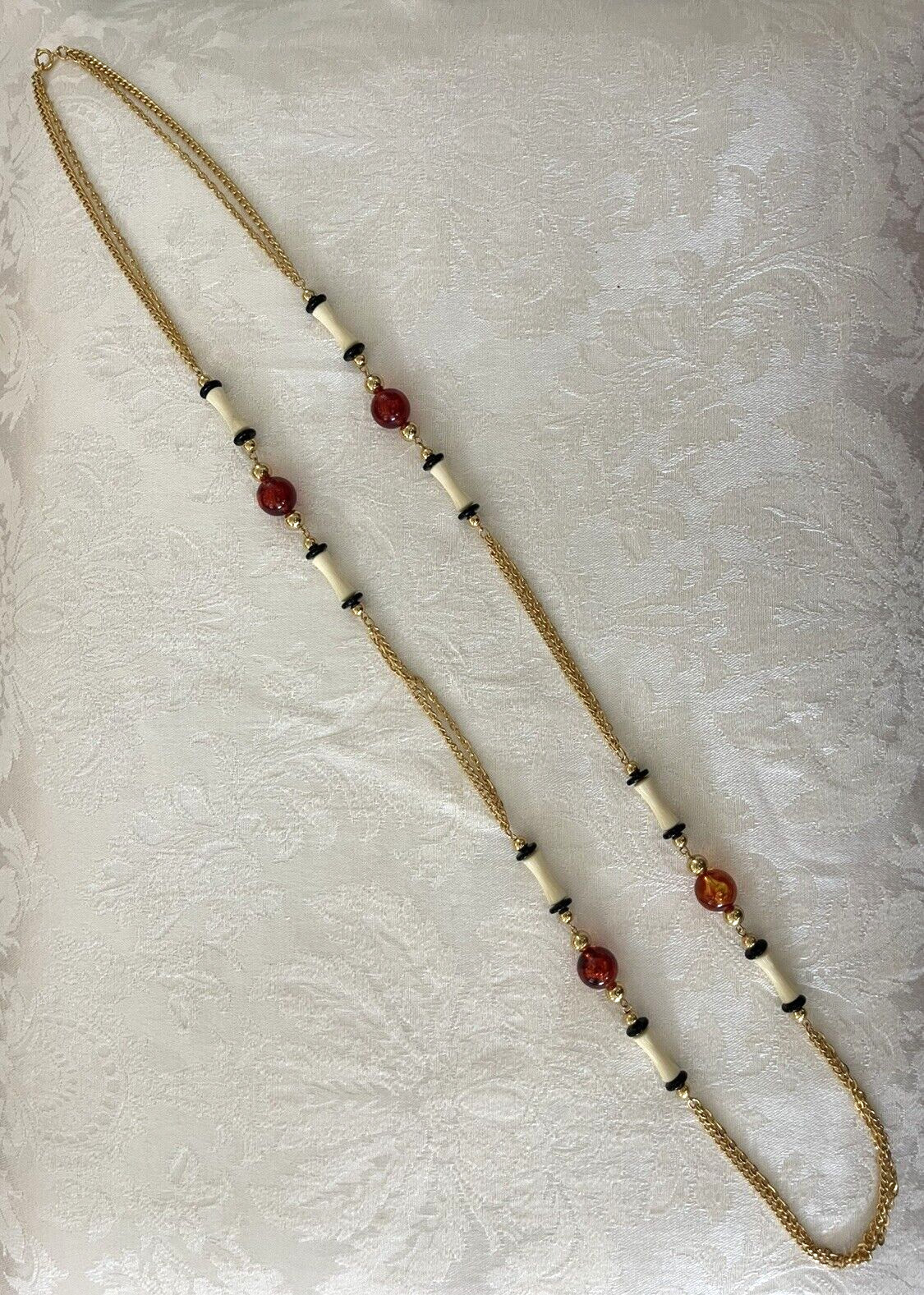 Vintage 24” Gold Tone Black, Cream & Amber Colored Beads Necklace