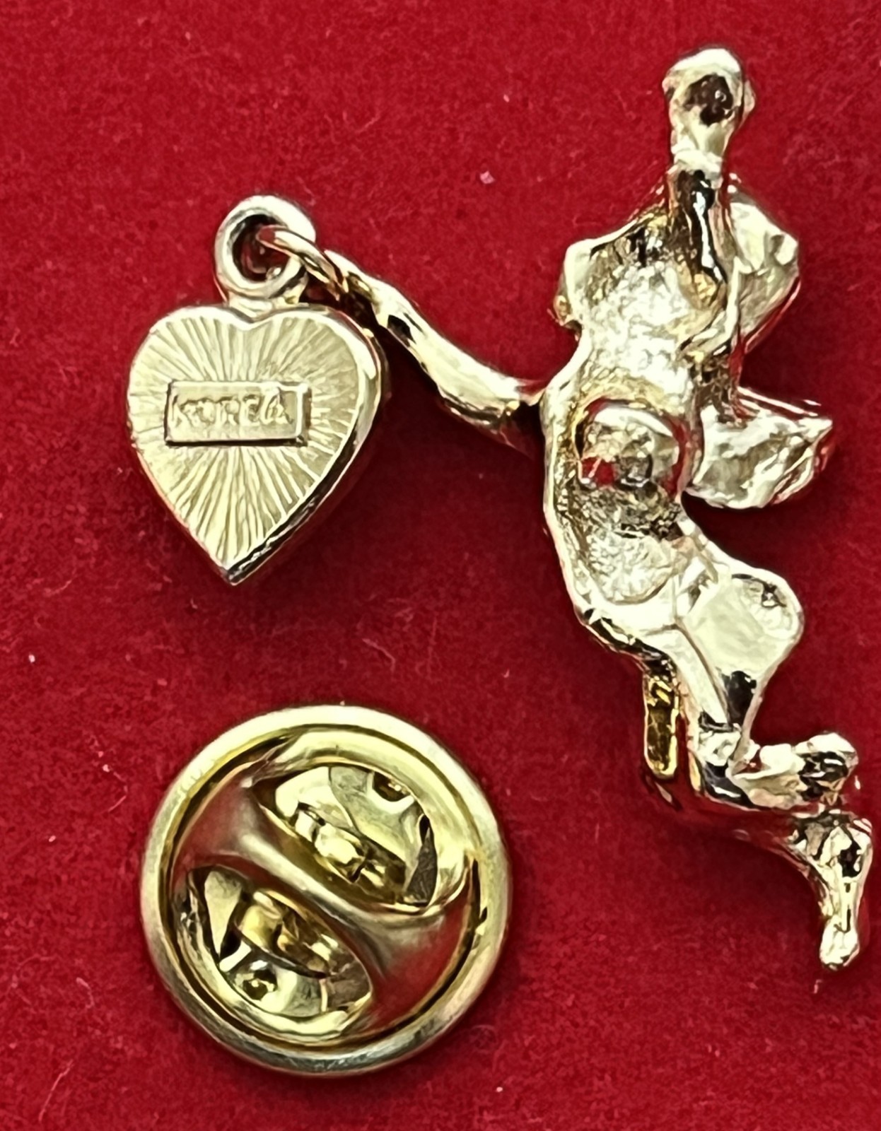 Vintage Shiny Gold-tone Guardian Angel Dangling Red Heart Brooch Pin.