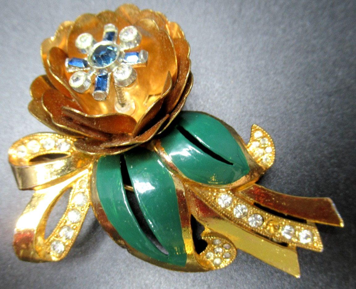 Beautiful Trembler Rhinestone Enamel Flower Vintage Pin Brooch Coro?