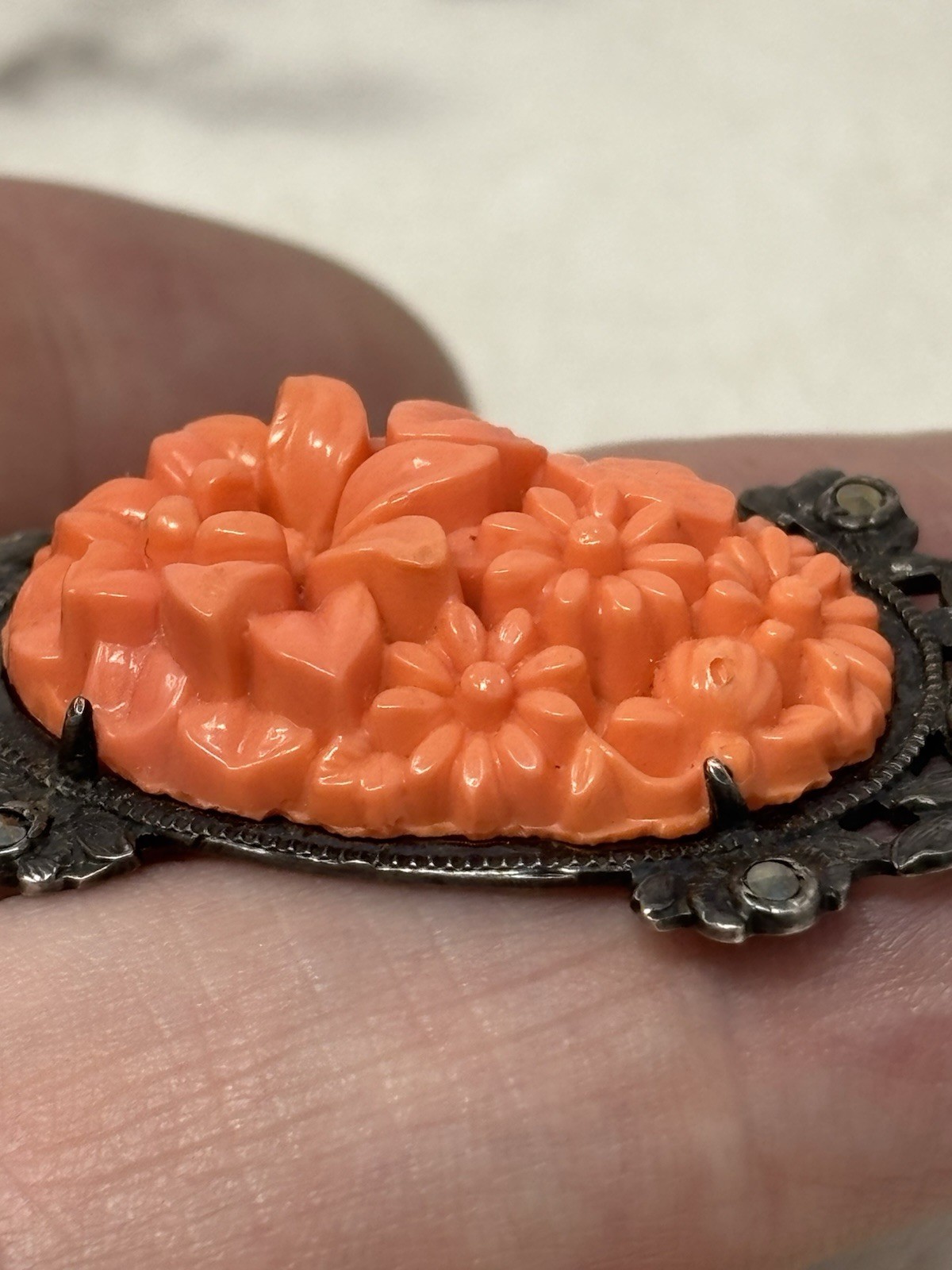 Art Deco Molded Glass Coral Marcasite Pendant Flower Design