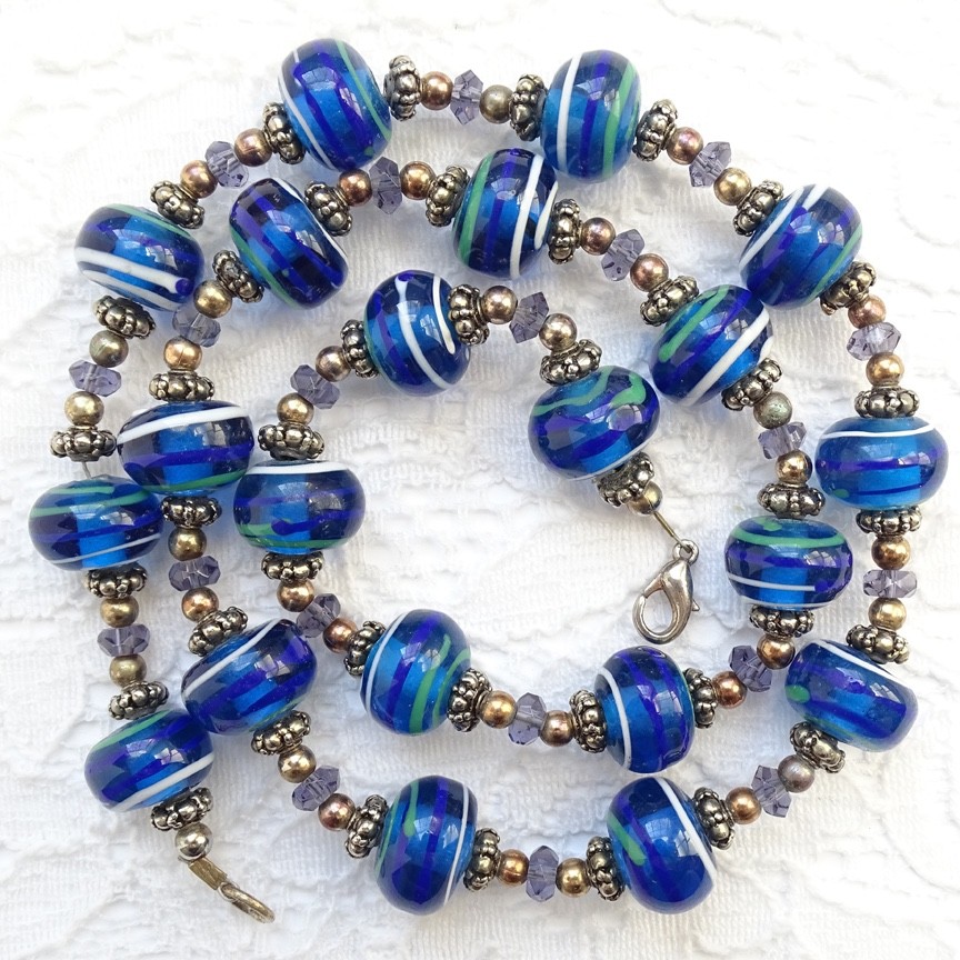 Artisan Lampwork Blue Art Glass Bead Necklace 23” Purple Green White Stripe 23″