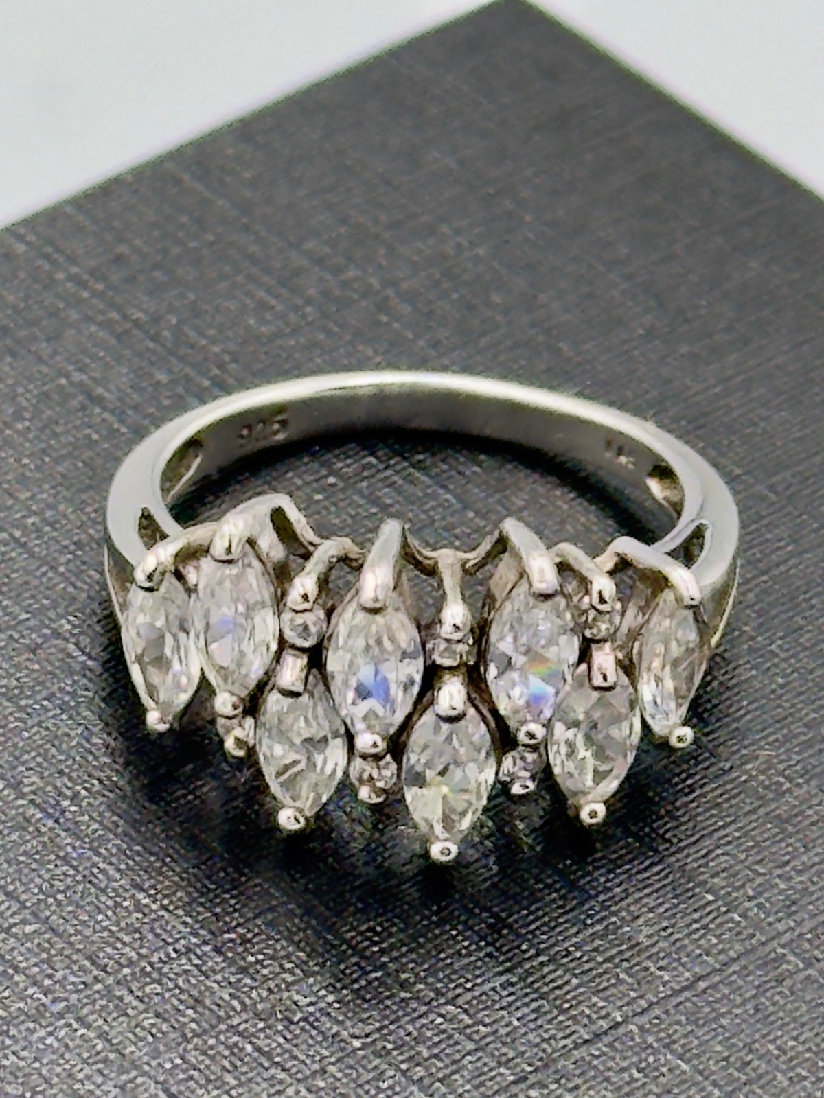 Vintage 925 Sterling Silver Elegant Ring CZ Marquise Prong Cluster Sz 7.25
